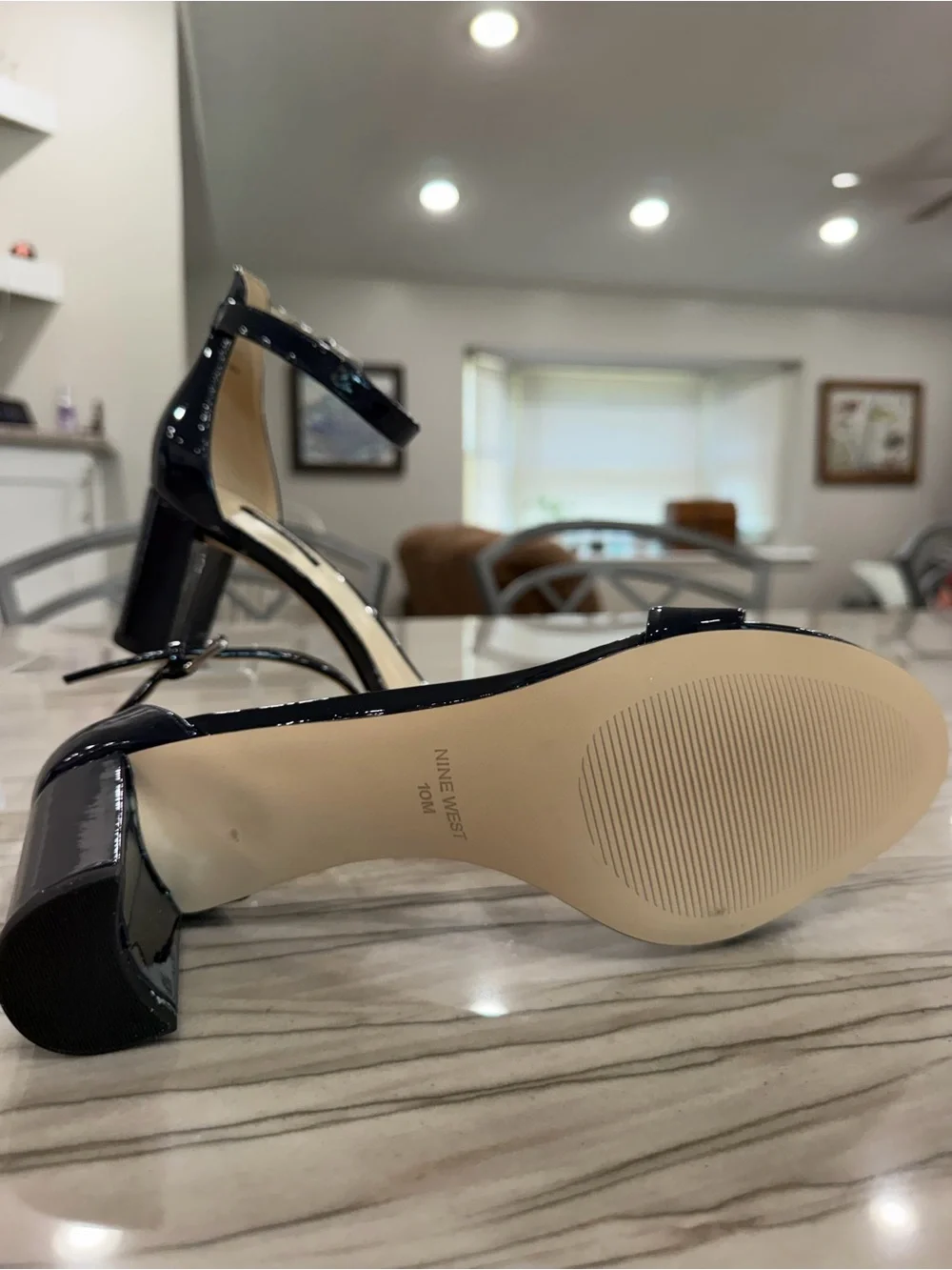 Nine West Pruce 3 Navy Patent Ankle Strap Block Heel Sandals Size 10 NIB
